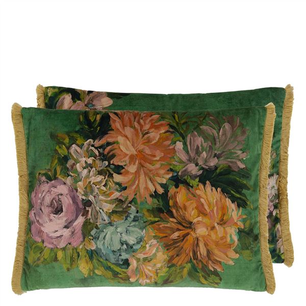 FLEURS D ARTISTES VELOURS VINTAGE GREEN CUSHION