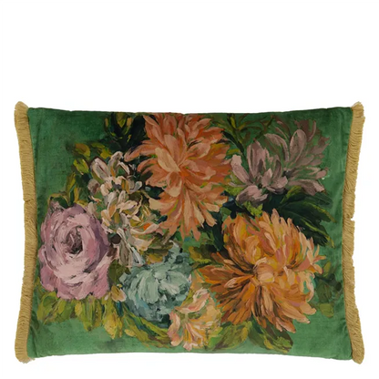 FLEURS D ARTISTES VELOURS VINTAGE GREEN CUSHION