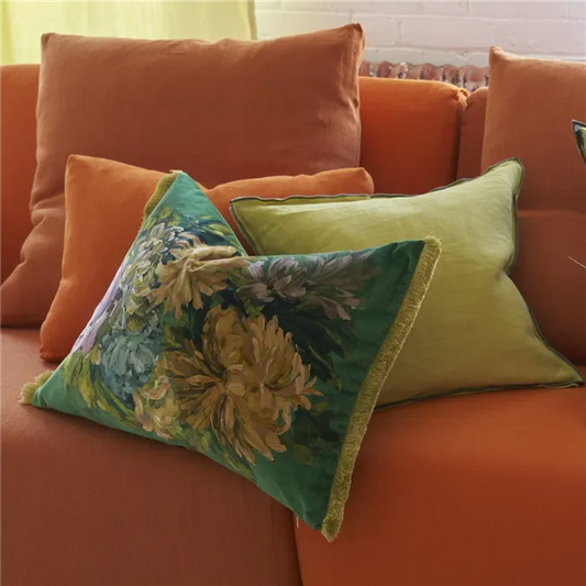 FLEURS D ARTISTES VELOURS VINTAGE GREEN CUSHION